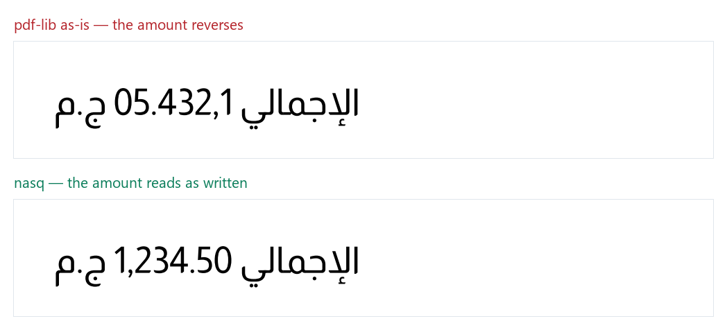 مقارنة: pdf-lib تطبع المبلغ 05.432,1 بينما نَسْق تطبعه 1,234.50